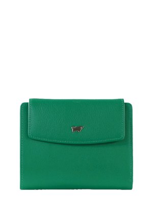 Green leather wallet with a textured finish, featuring a flap closure and a silver logo accent on the front. Compact and rectangular shape.