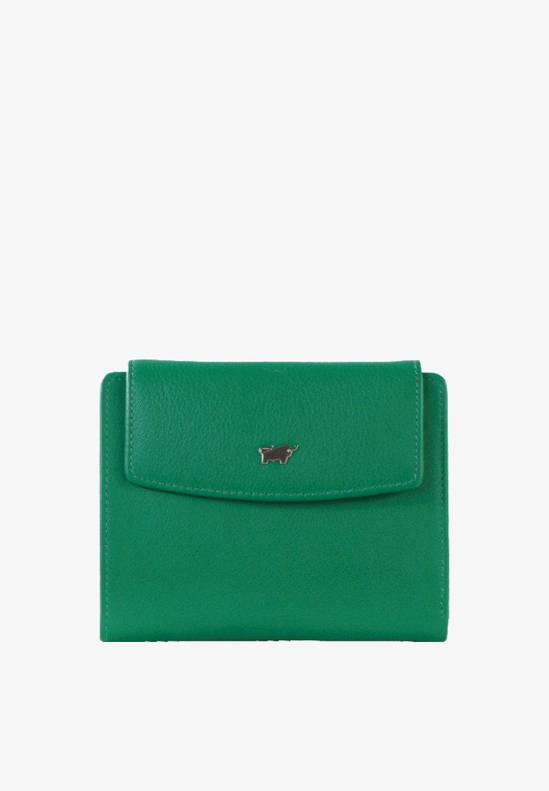 Portafoglio in pelle verde con finitura testurizzata, dotato di chiusura a patta e un accento logo argento sulla parte anteriore. Forma compatta e rettangolare.