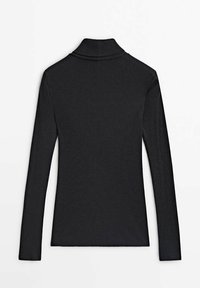 Sort ribbet langærmet turtleneck-top med en mock krave og tætsiddende pasform. Glat tekstur med en subtil stræk for komfort.