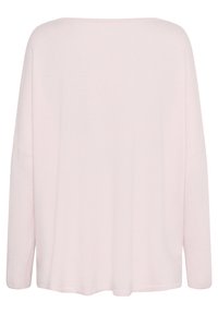 Maglietta rosa a maniche lunghe realizzata in tessuto morbido, caratterizzata da una vestibilità comoda, ampio scollo e cuciture delle spalle scese, con una texture liscia e semplice.