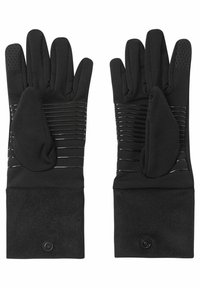 Czarne rękawiczki wykonane z miękkiego materiału, z teksturowanym uchwytem na dłoni i palcach, elastyczna konstrukcja z poziomymi paskami oraz zapięcie na zatrzask przy nadgarstku.