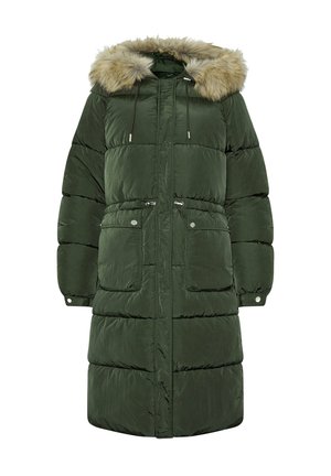 Grøn boblejakke med aftagelig hætte med pelskant, lynlås foran, metaldetaljer og to store frontlommer. Struktureret stof.