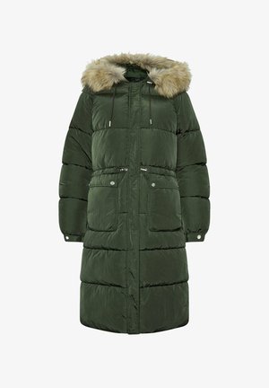 Grøn boblejakke med aftagelig hætte med pelskant, lynlås foran, metaldetaljer og to store frontlommer. Struktureret stof.