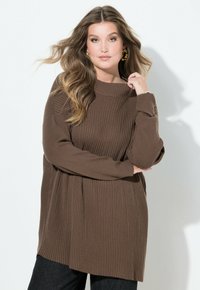 Brun ribbade stickade tröja med hög krage, långa ärmar och avslappnad passform, parat med mörka jeans. Anmärkningsvärd textur och sömlös design.