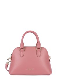 Borsa a mano in pelle rosa con forma arrotondata, doppi manici superiori e tracolla staccabile. Finiture in oro e logo impresso sul davanti.