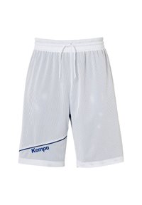 Weiße Mesh-Shorts mit einer blauen Akzentlinie und dem "Kempo"-Logo auf der unteren linken Seite. Verfügt über einen elastischen Bund mit Kordelzug.