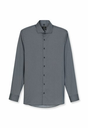 Langemouwen, knoopsluiting shirt in donkerblauw met een geometrisch patroon, zachte stof, spread collar en zwarte knopen aan de voorkant.