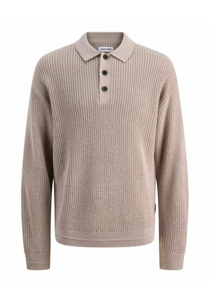 Pull en maille beige avec une texture côtelée, une patte de boutonnage à trois boutons et un col classique. Manches longues avec des poignets et un ourlet côtelés.