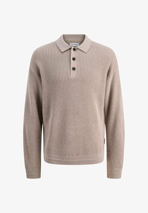Pull en maille beige avec une texture côtelée, une patte de boutonnage à trois boutons et un col classique. Manches longues avec des poignets et un ourlet côtelés.