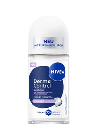 NIVEA Derma Control roll-on deodorant with a transparent container, white dome cap, blue and purple accents, featuring hyaluron and vitamin E.