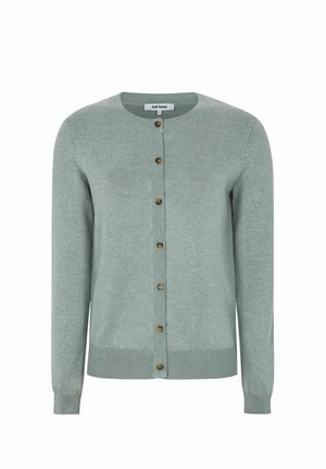 Šviesiai žalias megztinis kardiganas iš megztos medžiagos, su apvalia iškirpte, ilgomis rankovėmis ir priekyje susegamas rudos spalvos mygtukais.