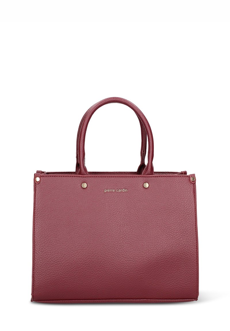 Borsa a mano in pelle bordeaux con superficie testurizzata, due manici circolari, dettagli in metallo dorato e nome del marchio visibile sulla parte anteriore.