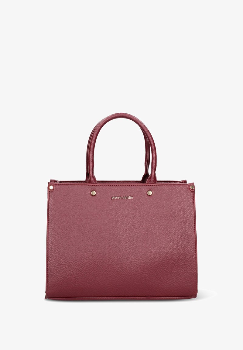 Borsa a mano in pelle bordeaux con superficie testurizzata, due manici circolari, dettagli in metallo dorato e nome del marchio visibile sulla parte anteriore.