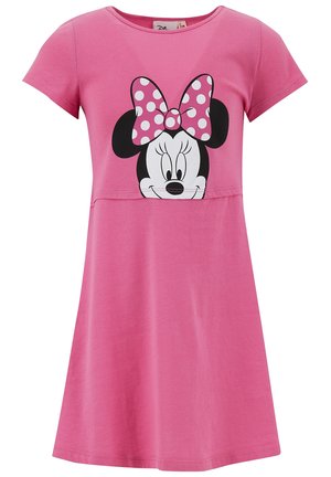 Lyserød kortærmet kjole med Minnie Mouse-ansigt og lyserød sløjfe med hvide prikker trykt på brystet.