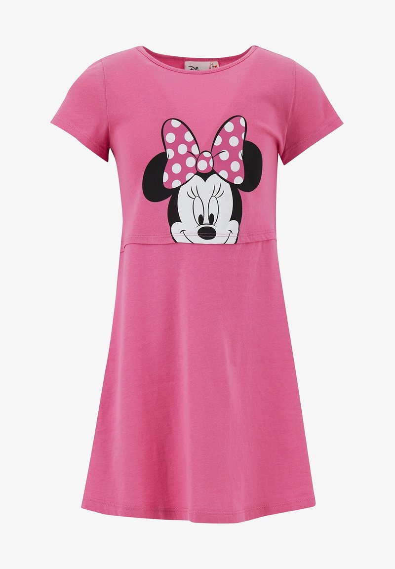 Robe rose à manches courtes avec visage de Minnie Mouse et nœud rose à pois blancs imprimés sur la poitrine.