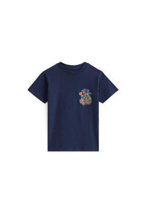 Navy cotton t-shirt featuring a front graphic of a cartoon creature with an orange ball, detailed with green accents and bold lettering.
