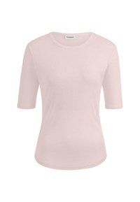 Lichtroze t-shirt met halve mouwen gemaakt van zachte stof. Heeft een ronde halslijn en een gladde, niet versierde textuur.