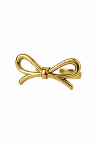 Goldfarbener Ring in Form einer Schleife, mit glatten, geschwungenen Linien und einem zentralen Knoten. Das Design ist minimalistisch und elegant.