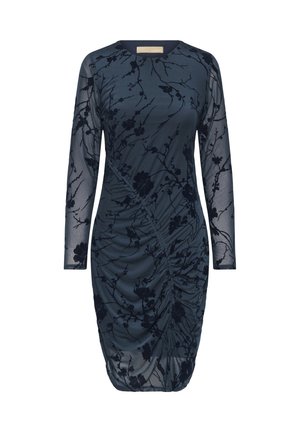 Marineblaues Kleid aus transparenter Stoff mit langen Ärmeln, versehen mit einem floralen Spitzendesign, gerafftem Oberteil und einer figurbetonten Silhouette.