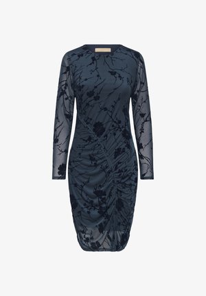 Marineblaues Kleid aus transparenter Stoff mit langen Ärmeln, versehen mit einem floralen Spitzendesign, gerafftem Oberteil und einer figurbetonten Silhouette.