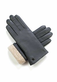 Lederhandschuhe in Dunkelgrau mit beigem Schafsleder-Bündchen. Enthält fünf Finger, ein elegantes Design und ein dezentes Branding-Detail am Bündchen.