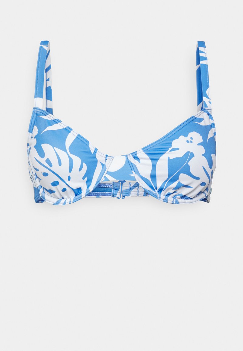 Top de biquíni azul e branco com um padrão floral, alças ajustáveis e fecho de encaixe nas costas. Feito de tecido elástico.