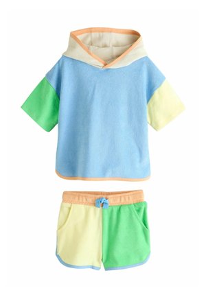 Two-piece outfit featuring a short-sleeve hoodie in blue, green, and yellow with a peach trim, and matching shorts with pockets.