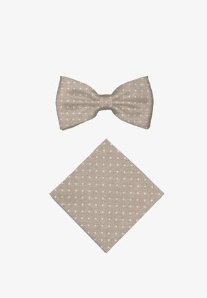 Beige Fliege und passendes Einstecktuch mit weißen Polka-Dots auf weißem Hintergrund.