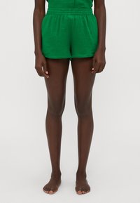 Shorts verts froissés avec une taille élastique, présentant une texture lisse et une coupe décontractée. Conçus pour le confort et la respirabilité.