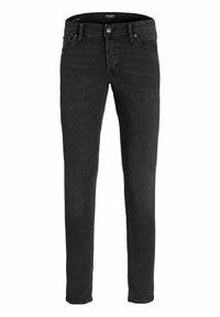 Svarta denimjeans med slim fit, fem fickor, bältesförbyten och dragkedja. Tyget har en slät, lätt strukturerad yta.