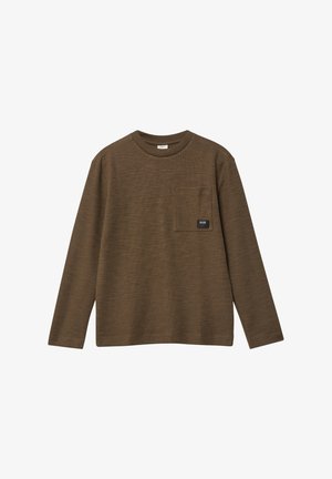 Bruine langemouwshirt gemaakt van gestructureerde stof, met een borstzakje en een klein zwart label. Ronde halslijn en een standaard pasvorm.