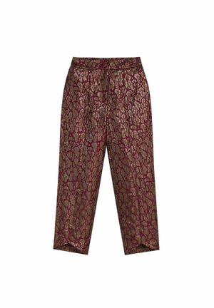 Hoge taille taperende broek met een bordeauxrood en metallic gouden luipaardprint en geplooid voorontwerp.