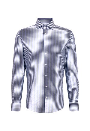Camicia da uomo con bottoni, maniche lunghe, con strisce verticali blu e bianche, colletto classico e bottoni bianchi. Realizzata in tessuto intrecciato.