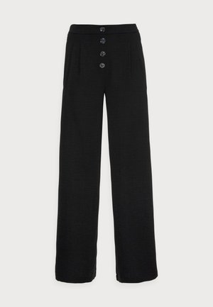 Black wide-leg trousers made of textured fabric, featuring a high waist, front pleats, and five decorative buttons at the waistband.