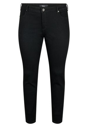 Jeans ajustados negros de denim con una textura suave. Presentan un cierre de botón, bolsillos frontales y un ajuste elegante.