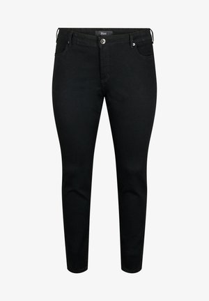 Černé hubené džíny vyrobené z denimové látky s hladkým povrchem. Mají zapínání na knoflík, přední kapsy a elegantní střih.