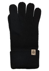 Schwarze Strickhandschuhe mit gerippter Textur, fünf Fingern und einem Bündchen am Handgelenk, akzentuiert durch ein kleines Logo-Patch.