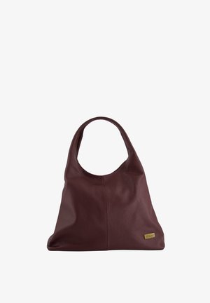 Dunkelburgunderfarbene Lederhandtasche mit einer weichen, strukturierten Oberfläche. Verfügt über einen einzigen runden Griff und ein goldfarbenes Markenschild. Sauberes, minimalistisches Design.