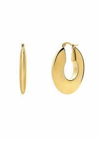 Gouden hoepel oorbellen met een glad, rond ontwerp en een scharnier sluiting. Eén oorbel is iets verlengd, wat unieke geometrie toont.