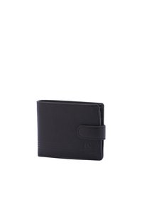 Portefeuille en cuir noir avec une surface texturée, design pliable, fermoir à bouton sécurisé et détail de logo embossé à l'avant.