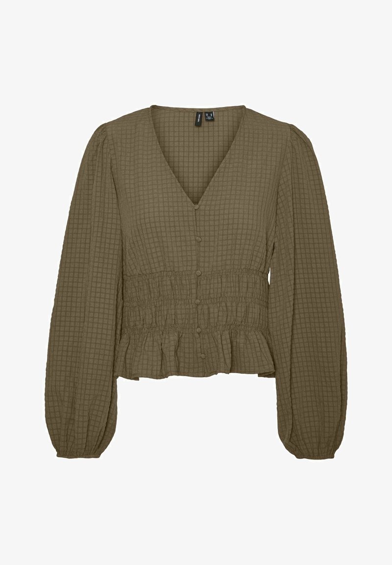 Blouse vert olive avec un motif texturé en grille, col en V, taille élastique et manches longues bouffantes. Dotée d'une fermeture à boutons et d'un ourlet volanté.