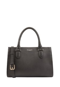 Sac à main en cuir noir avec double anse, accouts en métal argenté, forme rectangulaire structurée et texture lisse.