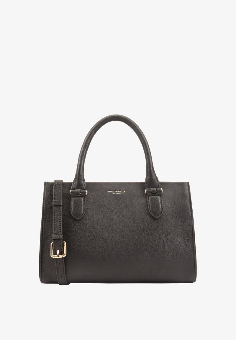 Sac à main en cuir noir avec double anse, accouts en métal argenté, forme rectangulaire structurée et texture lisse.