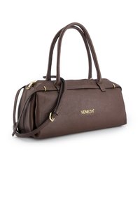Brown leather handbag with textured finish, gold hardware, dual top handles, and detachable shoulder strap. Features logo on the side.