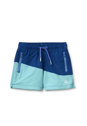 Blaue und helltürkisfarbene Badeshorts mit elastischem Bund, vorderem Kordelzug, zwei seitlichen Reißverschlusstaschen und kleinem weißen Logo am Bein.