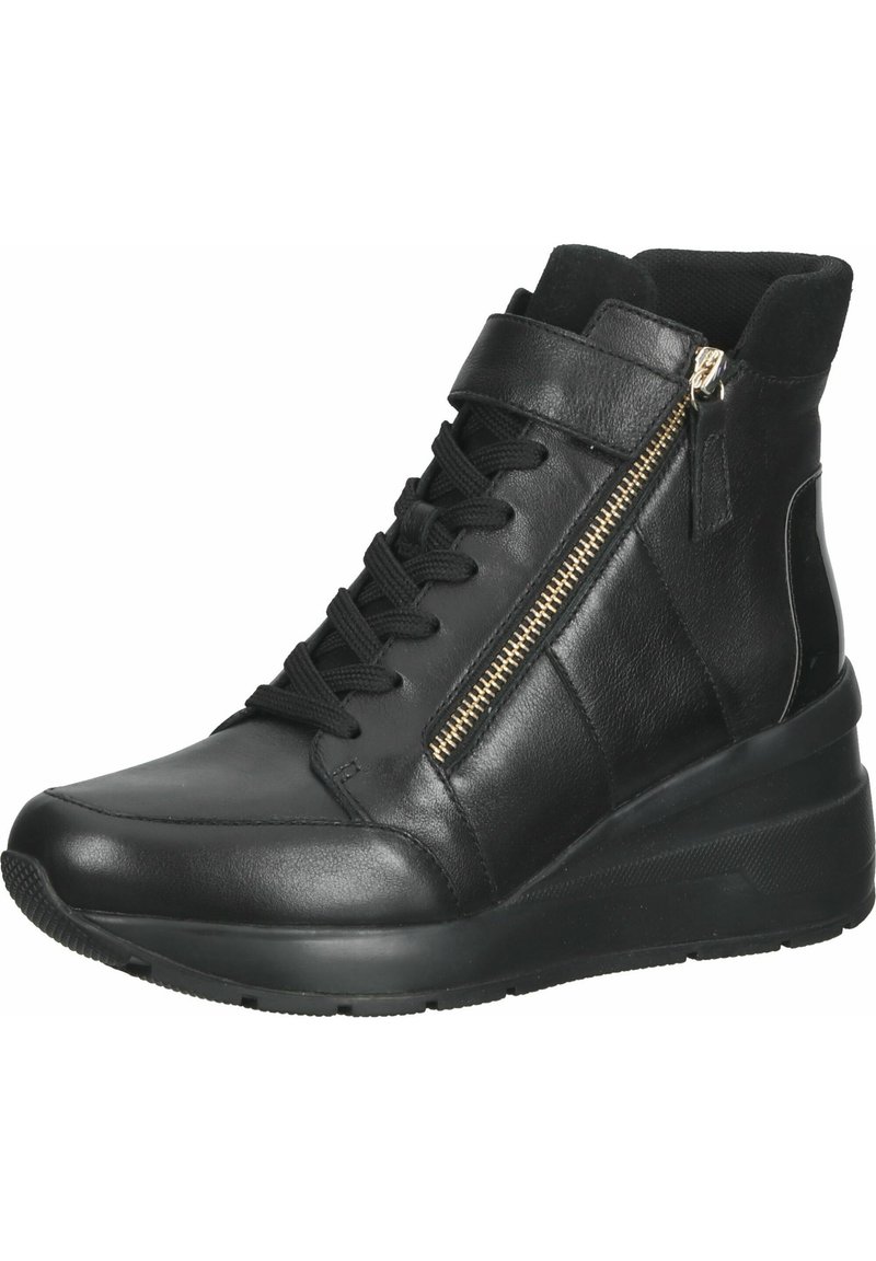 Baskets montantes en cuir noir avec lacets, zip latéral, col rembourré et semelle en caoutchouc épaisse, conçues pour une utilisation décontractée.