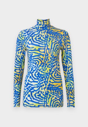 Long-sleeve turtleneck top with abstract blue pattern on yellow and white background, fitted cut, displayed on plain white backdrop.