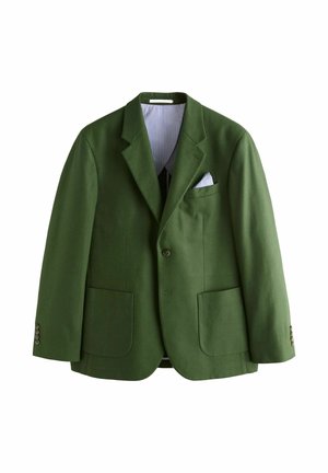 Grüner Blazer mit einem Knopf, mit Reverskragen, zwei aufgesetzten Taschen vorne und einem weißen Einstecktuch in der Brusttasche.