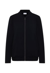 Veste bomber noire avec fermeture éclair à l'avant, poignets et ourlet côtelés, texture lisse et design minimaliste, arborant une étiquette logo au col.
