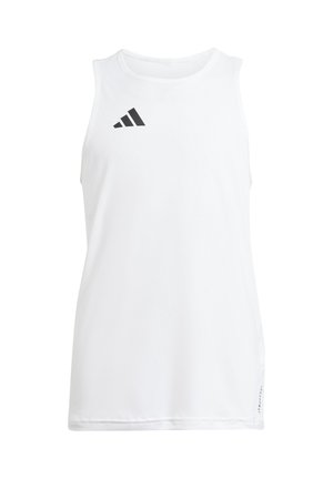 Débardeur de sport blanc sans manches avec le logo Adidas noir sur le haut gauche de la poitrine et le texte Aeroready près de l'ourlet inférieur droit.